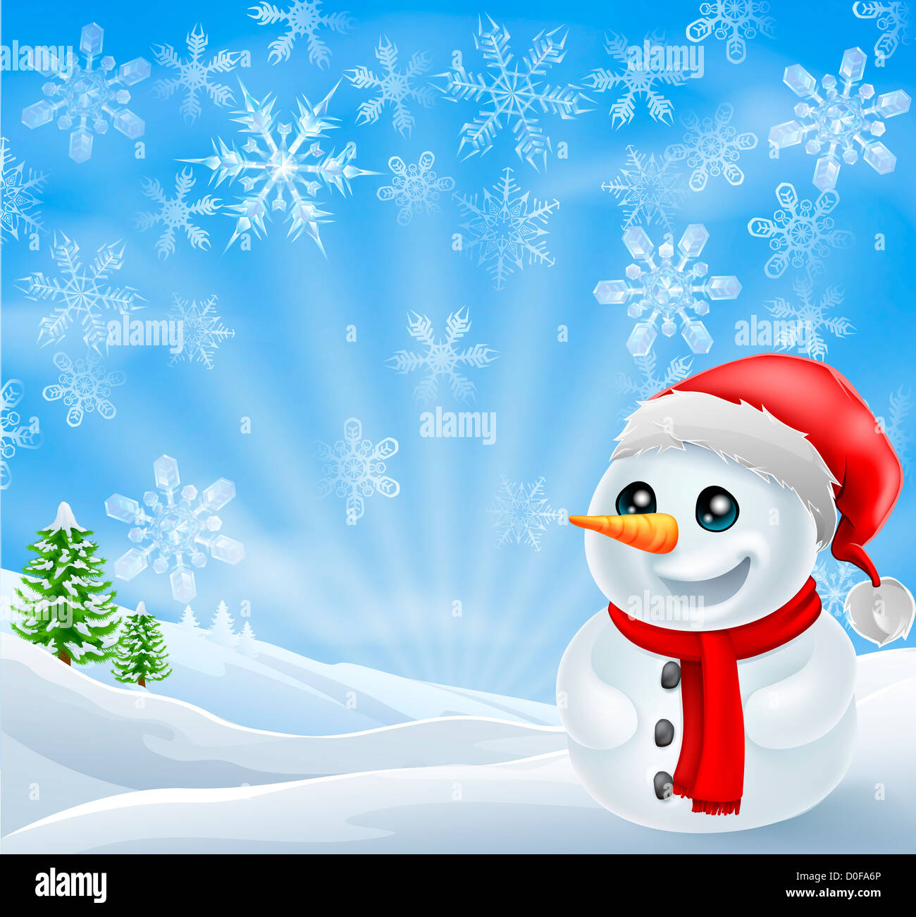 A happy Christmas Snowman in snowy scene with snow flakes Stock 