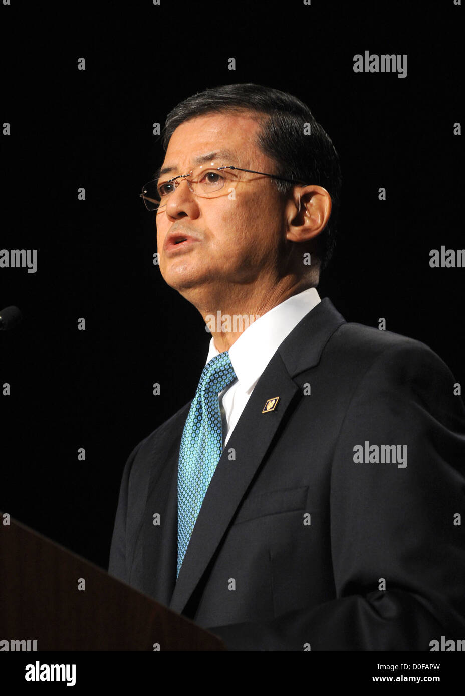 Veterans of Affairs Secretary Eric Shinseki addressed the Community College Summit February 16, 2012 in Washington, DC. Shinseki saluted the nation's community colleges for their role in helping Veterans transition successfully to the private sector. Stock Photo