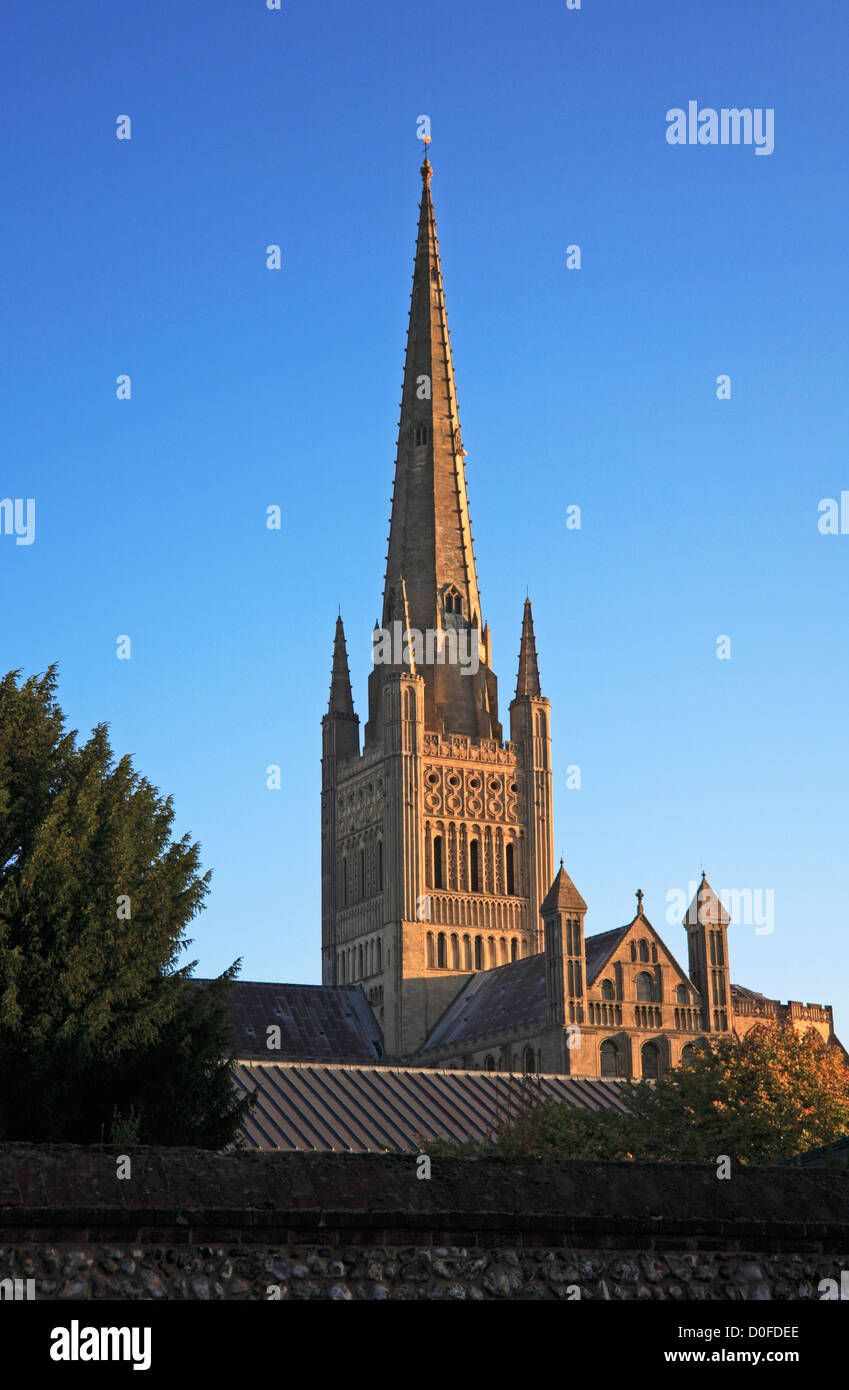An early morning view of the spire of the Norman Cathedral at Norwich