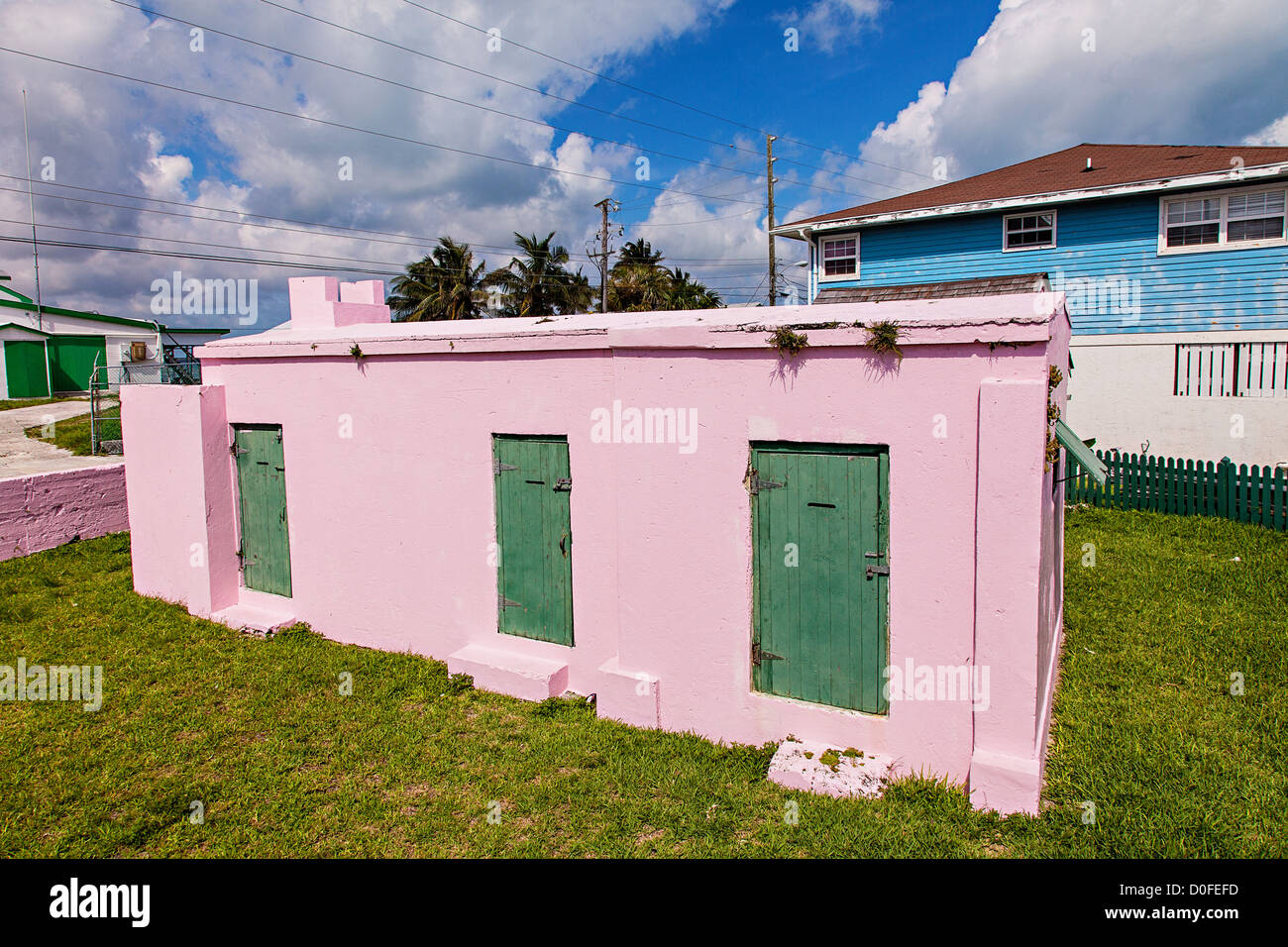 Old Jail in the village of New Plymouth, Green Turtle Cay, Bahamas. Stock Photo