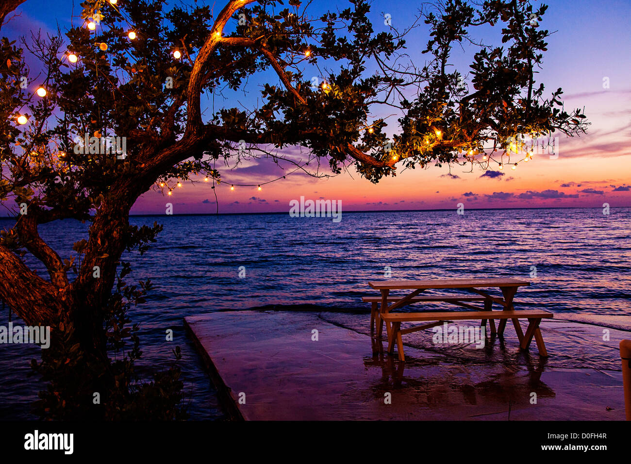 Table along the waterfront at sunset at Pineapples Bar on Green Turtle