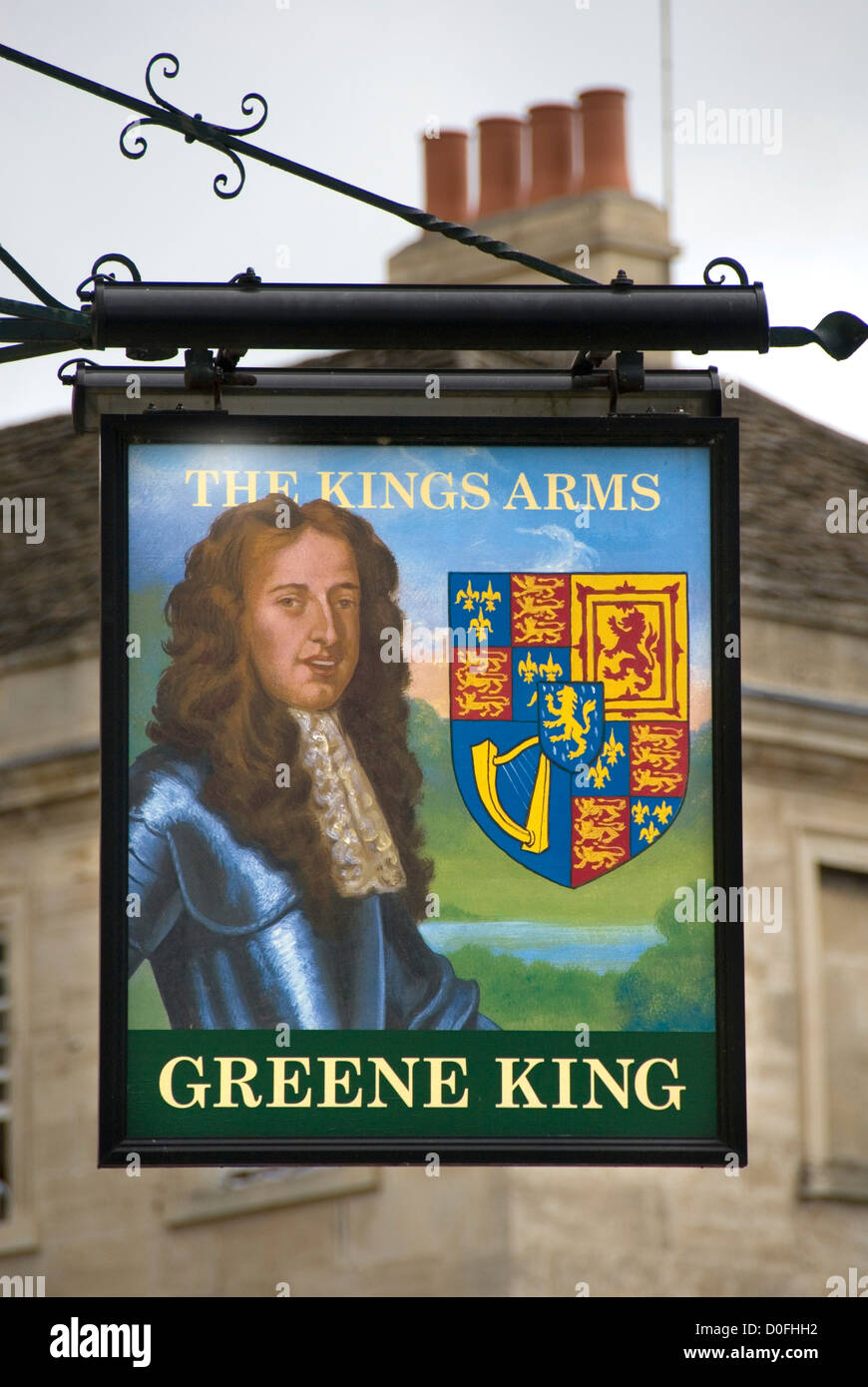 Pub sign, "The Kings Arms" chimneys, Bradford on Avon, England, UK