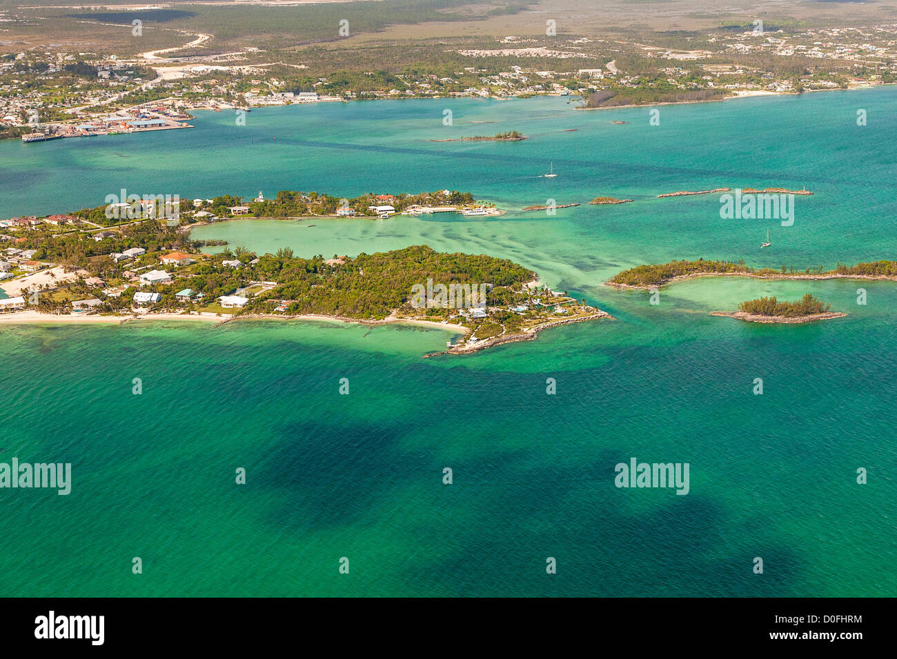 Aerial of Marsh Harbour the Abacos, Bahamas. Stock Photo