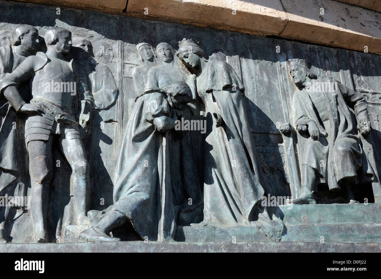 basrelief showing Christopher Columbus with King Ferdinand & Queen Isabella of Spain in 1493