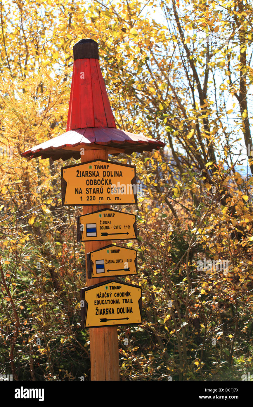 The tourist signpost in Ziarska dolina, Zapadne Tatry - Rohace, Slovakia. Stock Photo