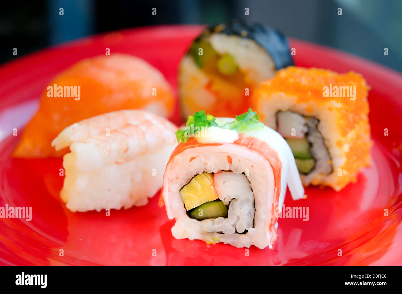lots of various Japanese sushi and sushi rolls Stock Photo Alamy