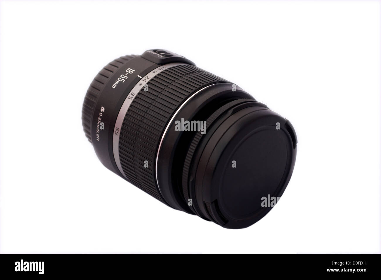 Zoom lens with uv filter and lens cover isolated on white background