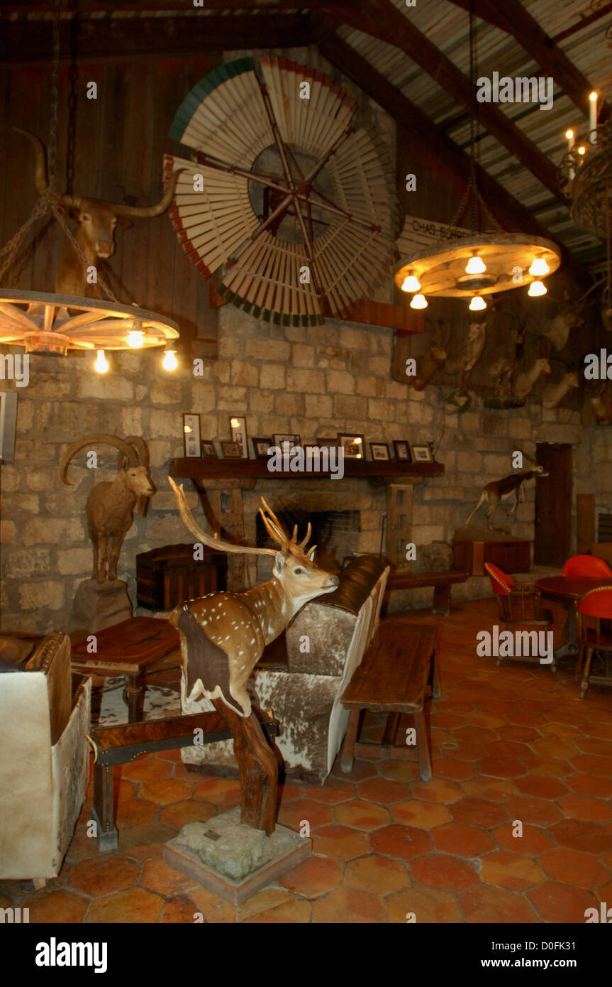 Axis deer and game mounts in the main lodge at the YO Ranch near