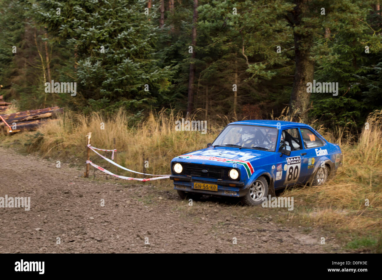 Pickering, North Yorkshire, UK. The Roger Albert Clark Rally 2012 organised by the De Lacy Motor Club. Drivers and Co-Drivers pushing their cars to the limits on the dirt tracks at the Gale Rigg stage on day 2 of the 3 day event. Stock Photo