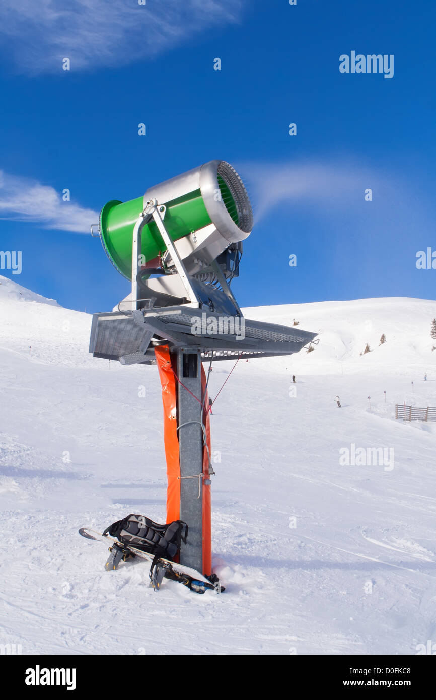 Working snowgun on the winter slope, Austria Stock Photo