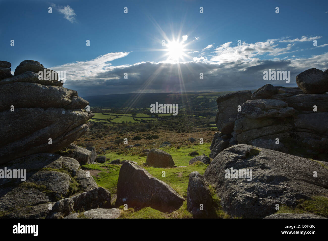 Bonehill Rocks with views over the surrounding countryside. Dartmoor National Park Devon Uk Stock Photo