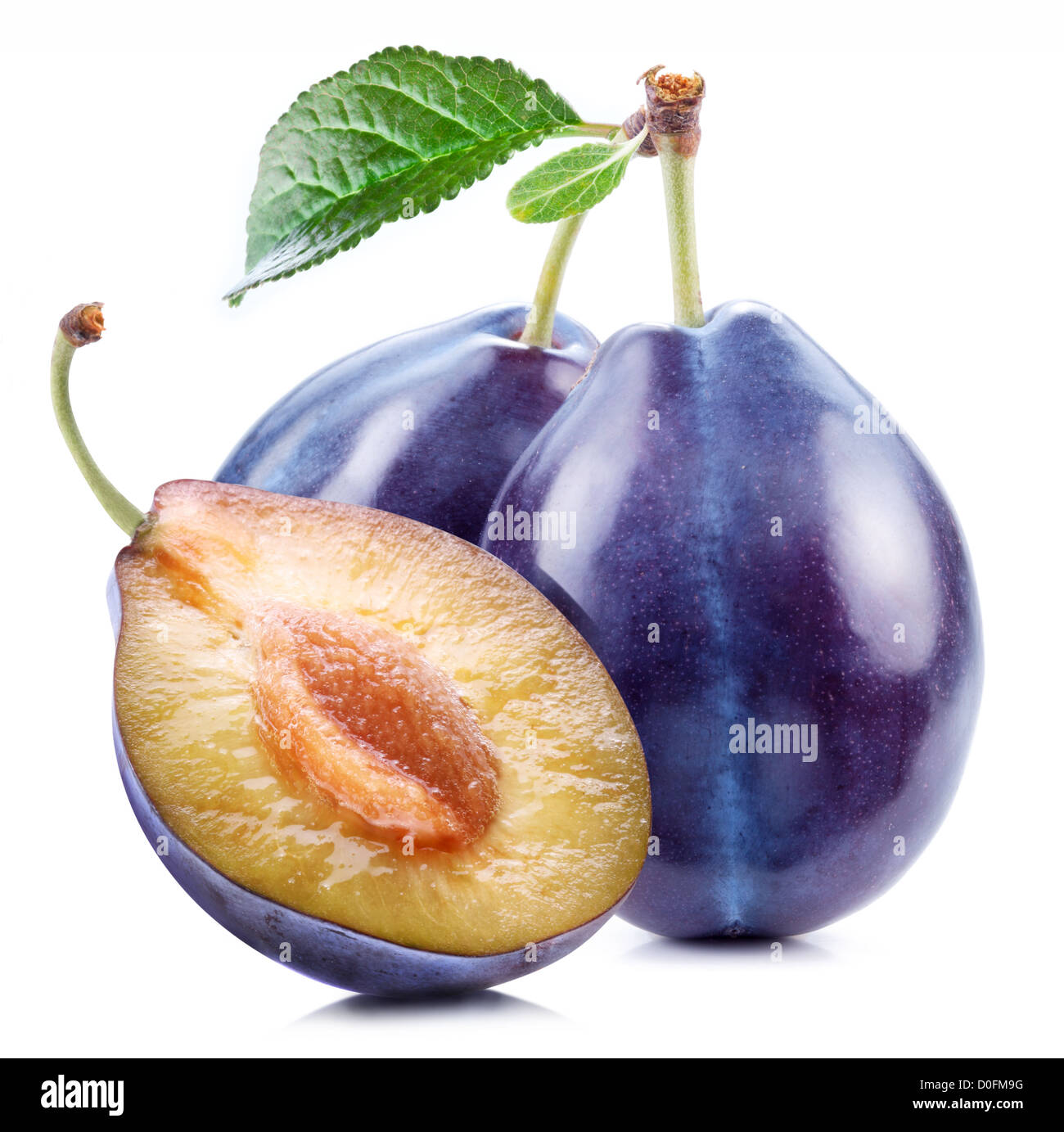Plums with a slice and leaf on a white background. Stock Photo