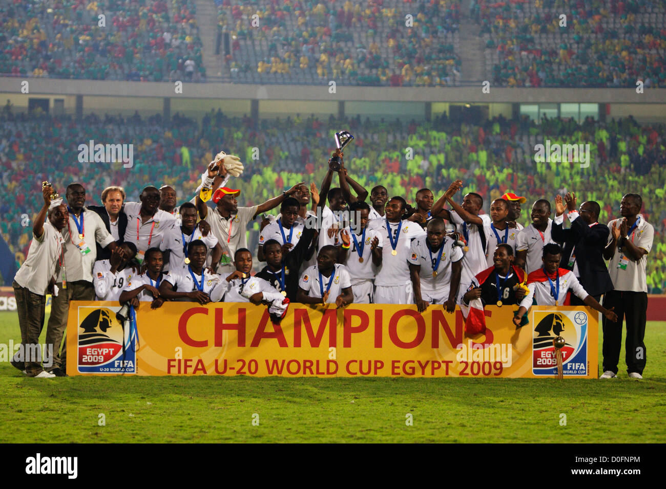 Ghana players and coaches celebrate after defeating Brazil on penalty kicks to win the 2009 FIFA U-20 World Cup. Stock Photo