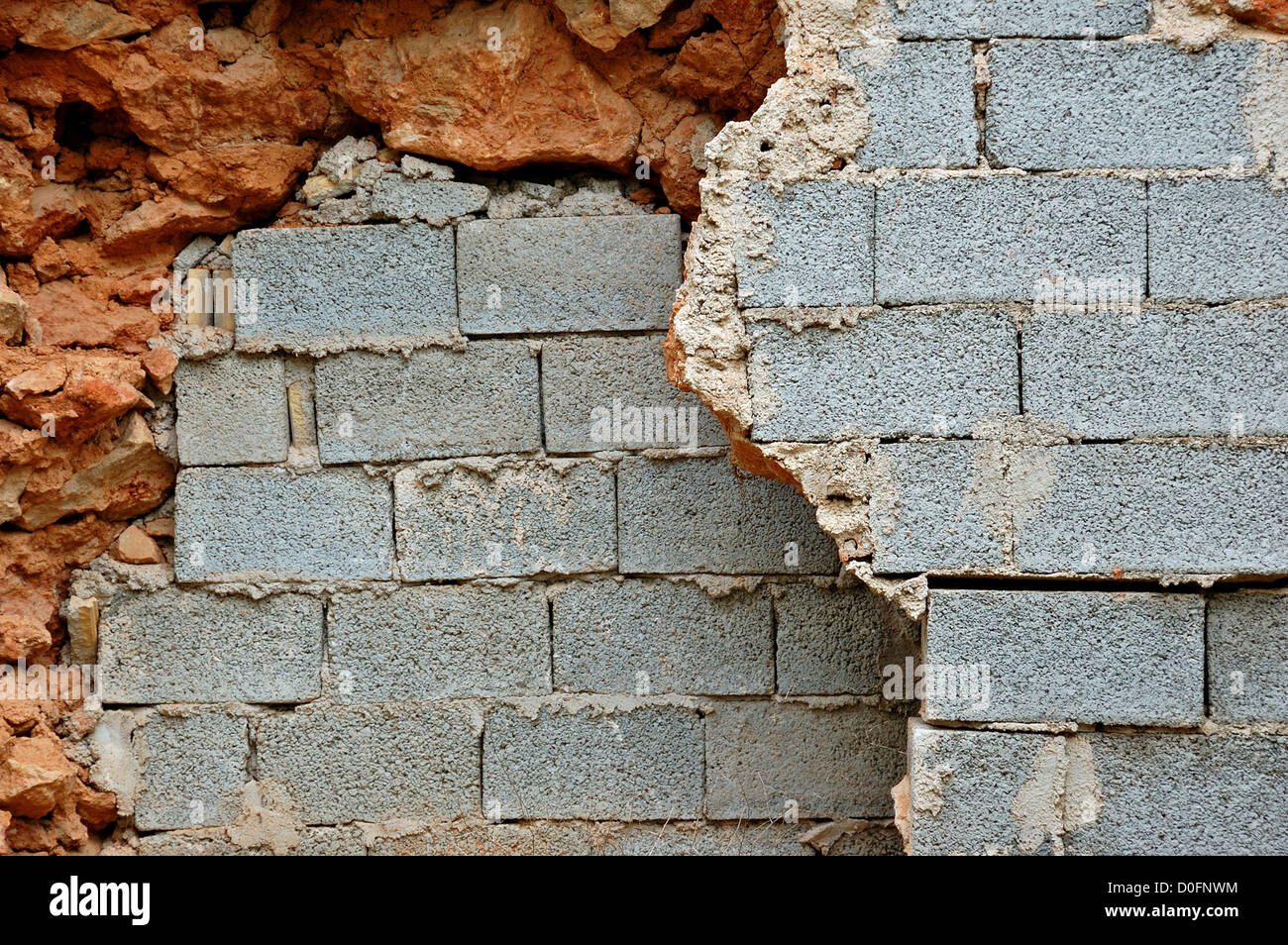 Broken stone and cinder block brick walls background texture. Stock Photo