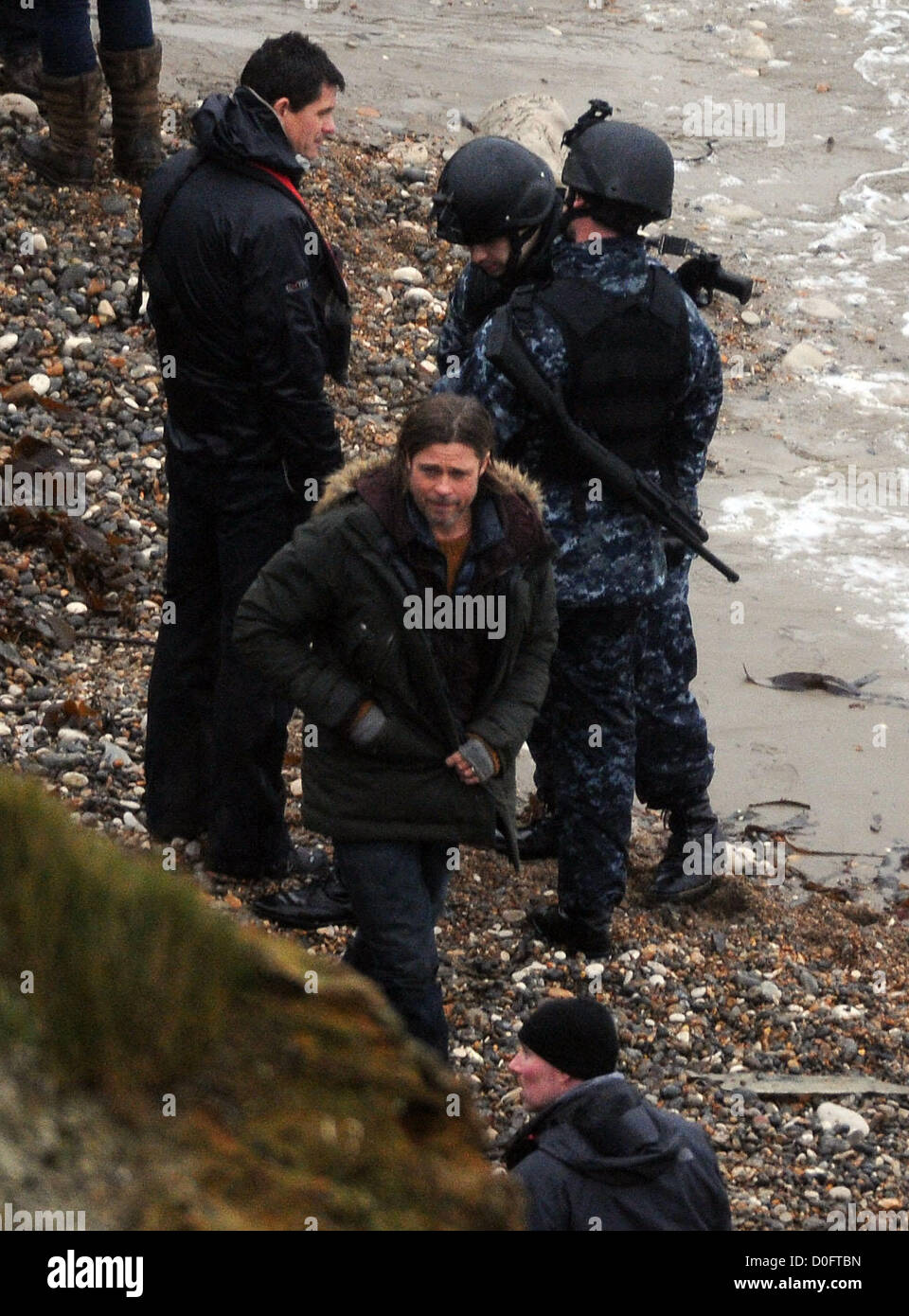 Brad Pitt filming reshoots of his film World War Z at Lulworth Cove in Dorset, Britain UK. Stock Photo