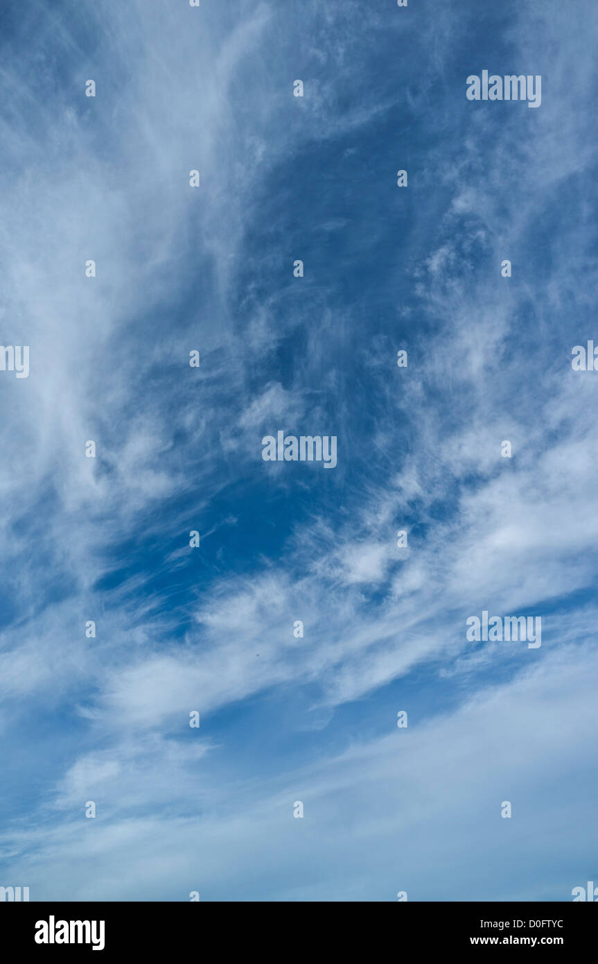 dh White cirrus Clouds SKY WEATHER Whispy cloud blue skies over nobody skyscape cloudscape day Stock Photo
