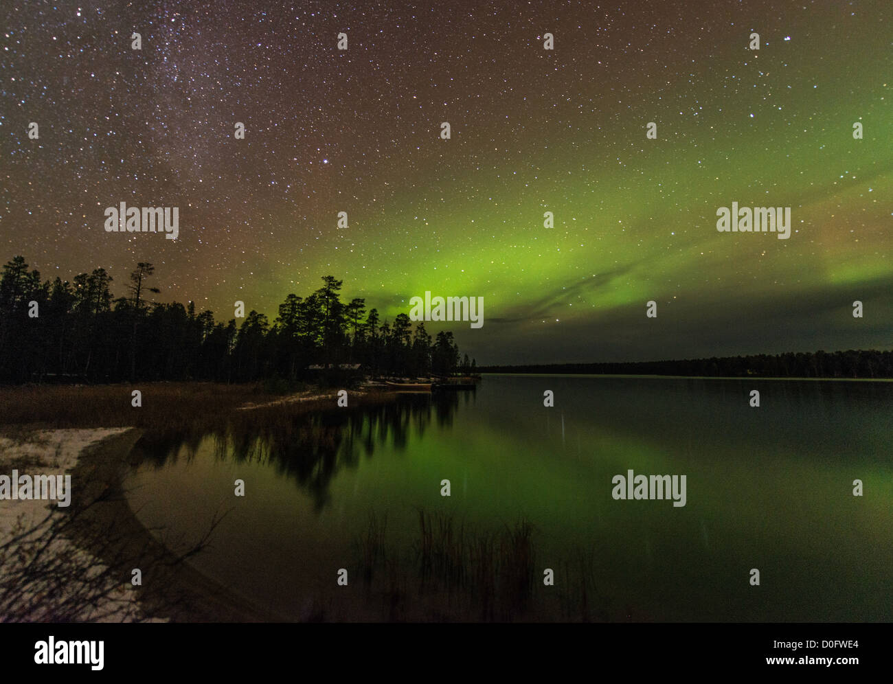 Northern light or Aurora Borealis Nellim near Inari Lake Lapland Finland Stock Photo