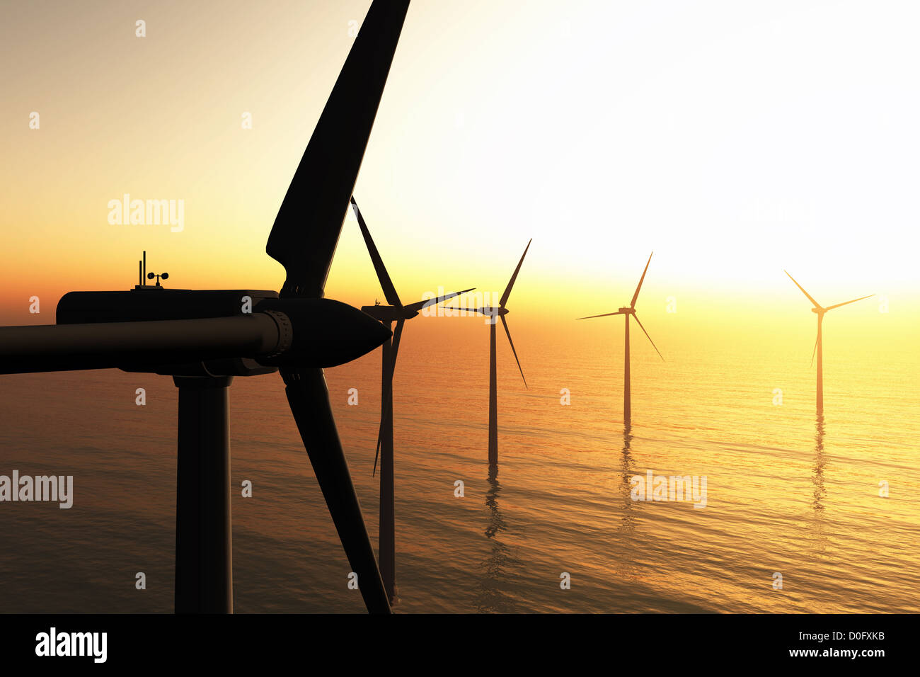 Wind Turbines in the Sea 3D render Stock Photo