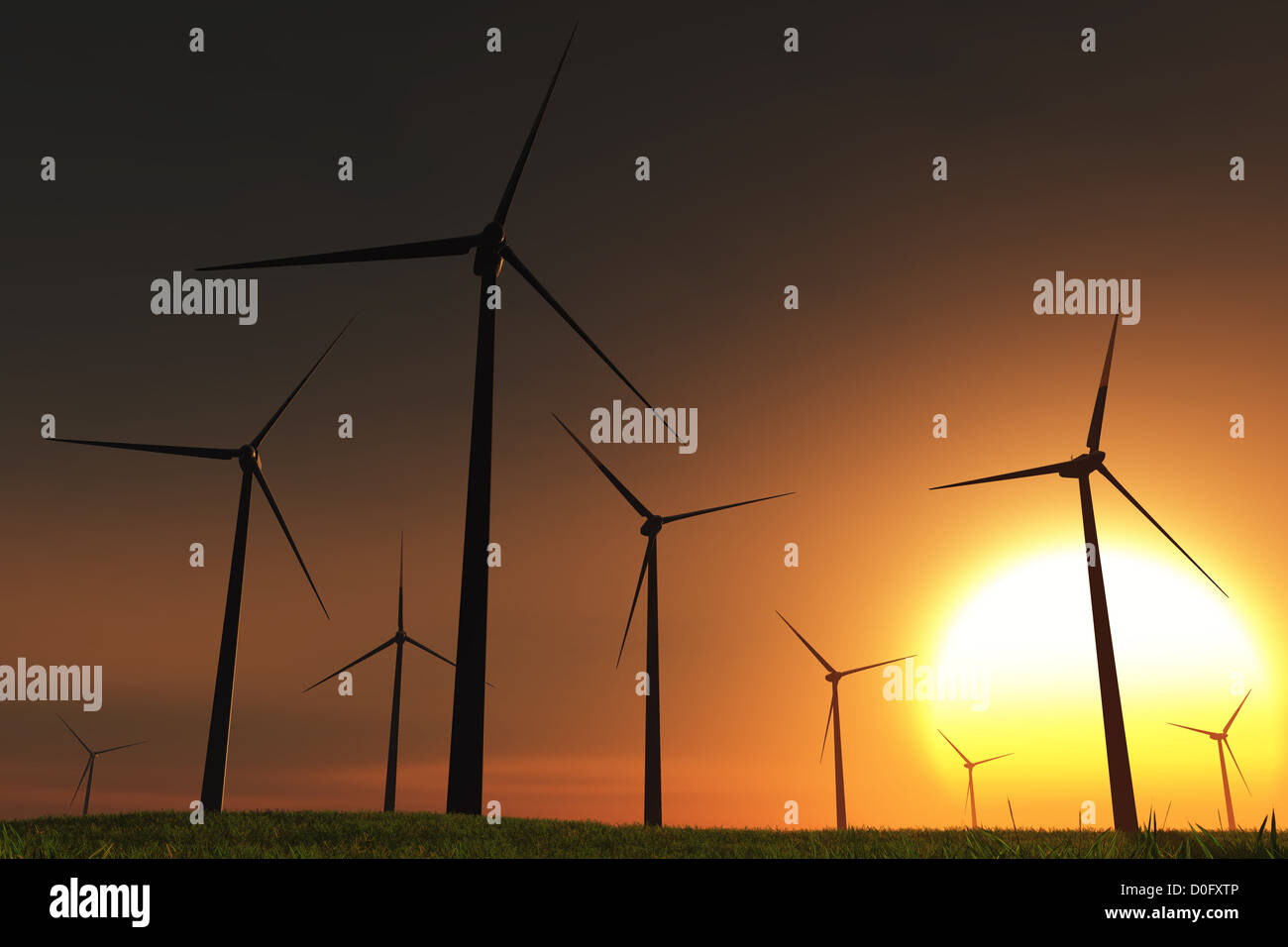 Windfarm in Field sunset sunrise 3D render Stock Photo