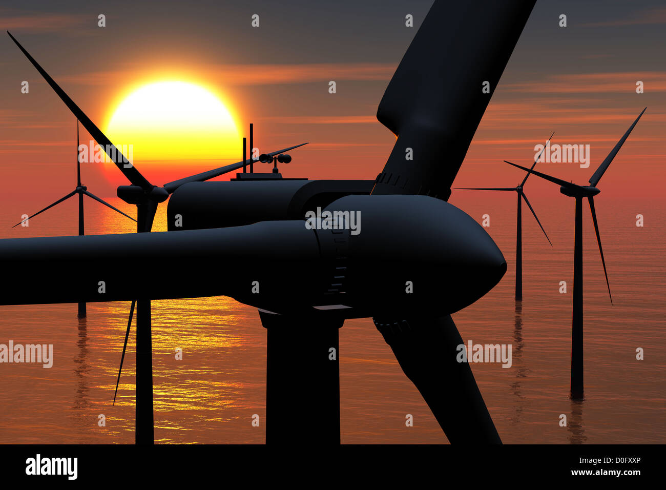 Wind Farm in the Sea sunset 3D render Stock Photo
