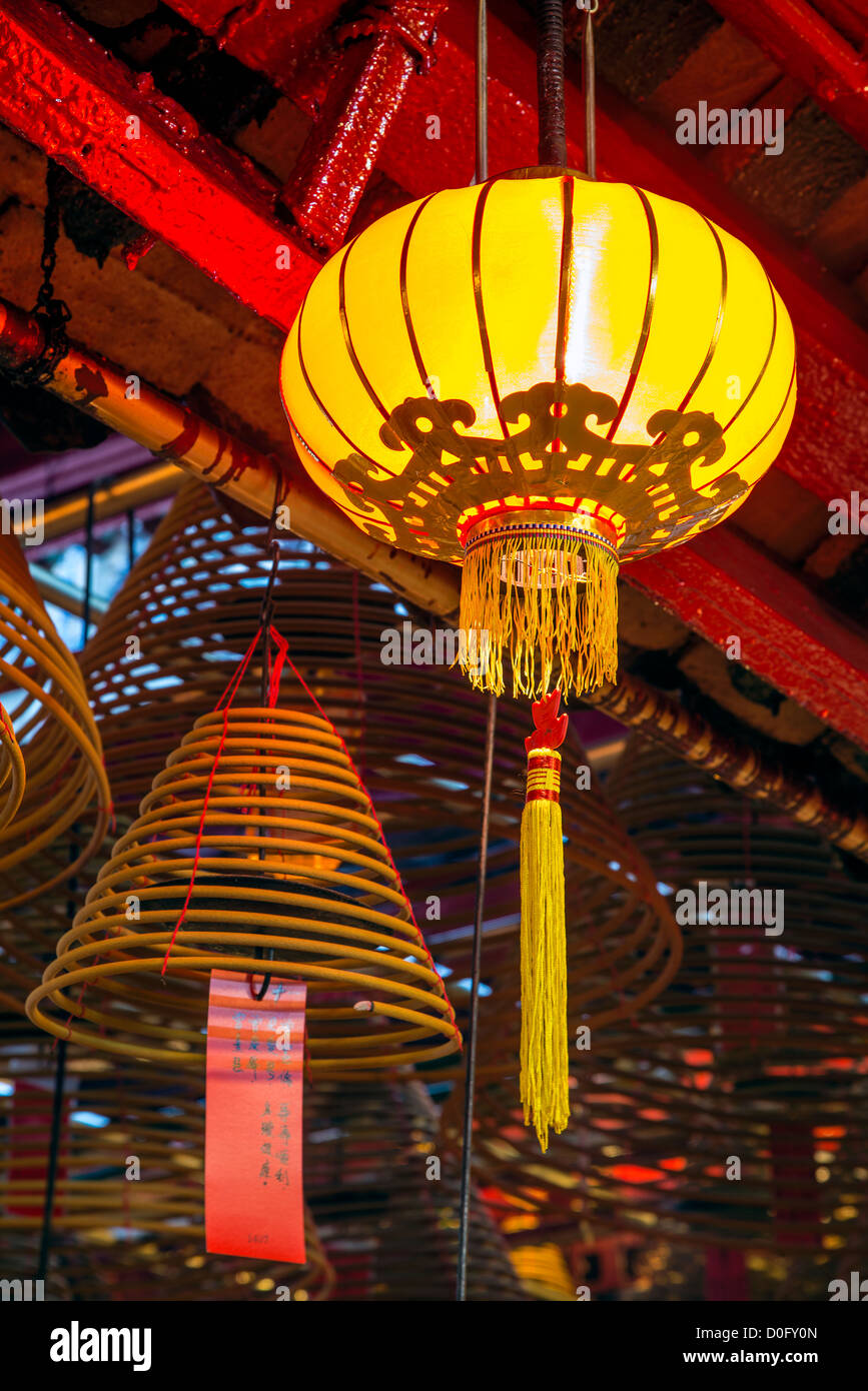 Hanging chinese lantern and incense coils at Man Mo Temple at Hollywood