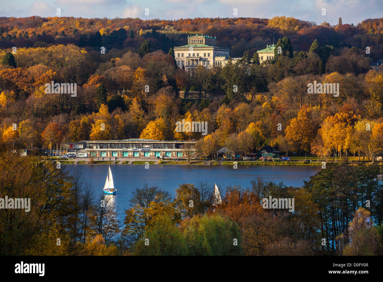 Baldeneysee Lake in Essen, Germany.View in autumn to Villa Huegel, the family ancestral home of Krupp industrial dynasty. Stock Photo