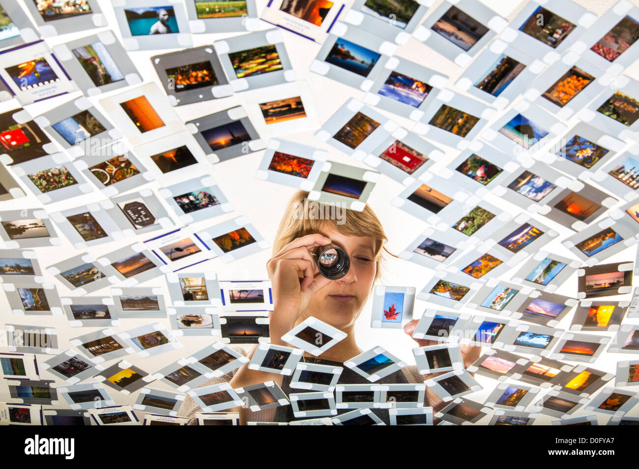 Woman, photo editor,  is looking at slides, photos, at a light table. Picture editing. Analog photography. Stock Photo