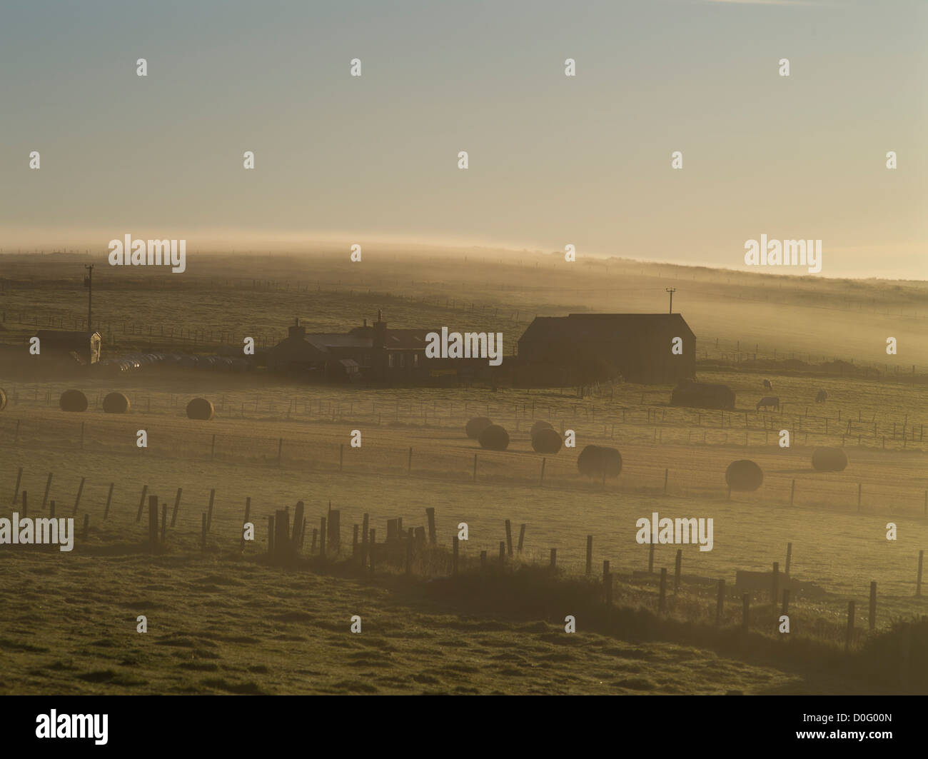 dh  ORPHIR ORKNEY Scottish farmhouse field bales of hay morning mist farm house Scotland autumn landscape farms uk foggy light land Stock Photo