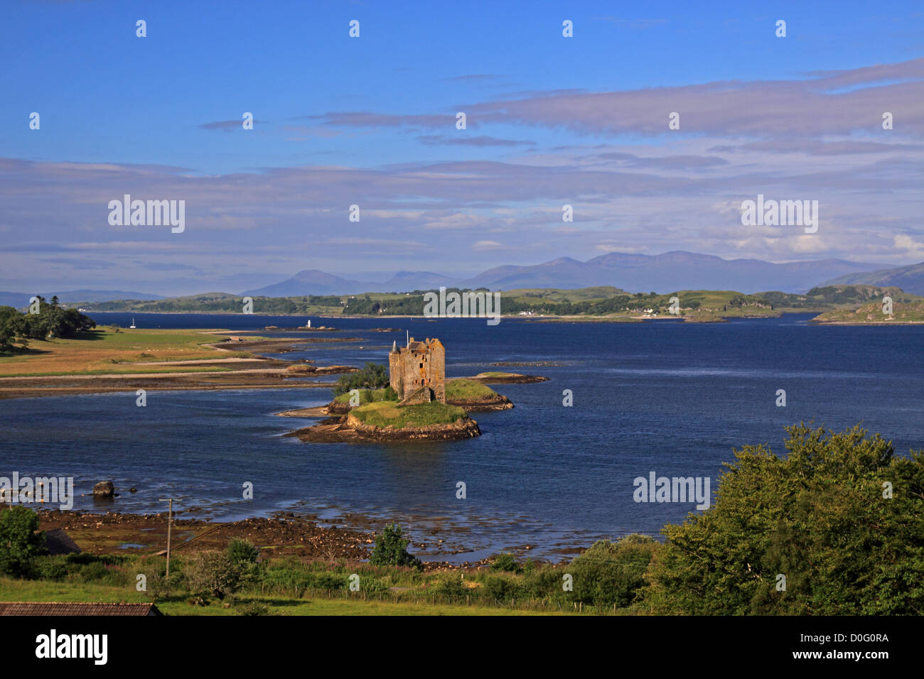 UK Scotland Highland Strathclyde Argyll Castle Stalker Loch Linnhe at Appin and hill of the Isle of Mull Stock Photo