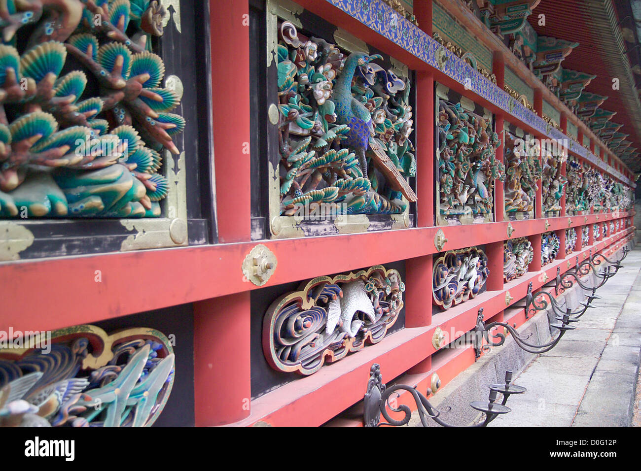 Carvings adjacent to Yōmei-mon at Toshogu, Nikko, Tochigi Prefecture, Japan, a UNESCO World Heritage Site. Stock Photo