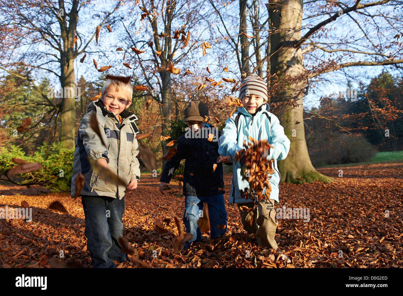 Three children boys throwing dry leaves in autumn park Stock Photo - Alamy