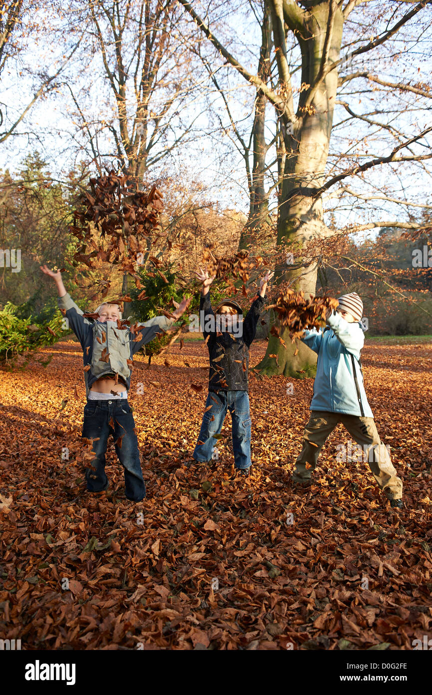 Three children boys throwing dry leaves in autumn park Stock Photo - Alamy
