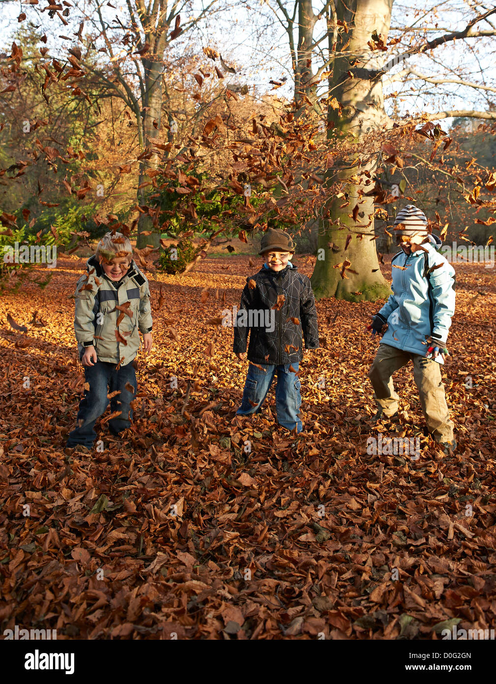Three children boys throwing dry leaves in autumn park Stock Photo - Alamy