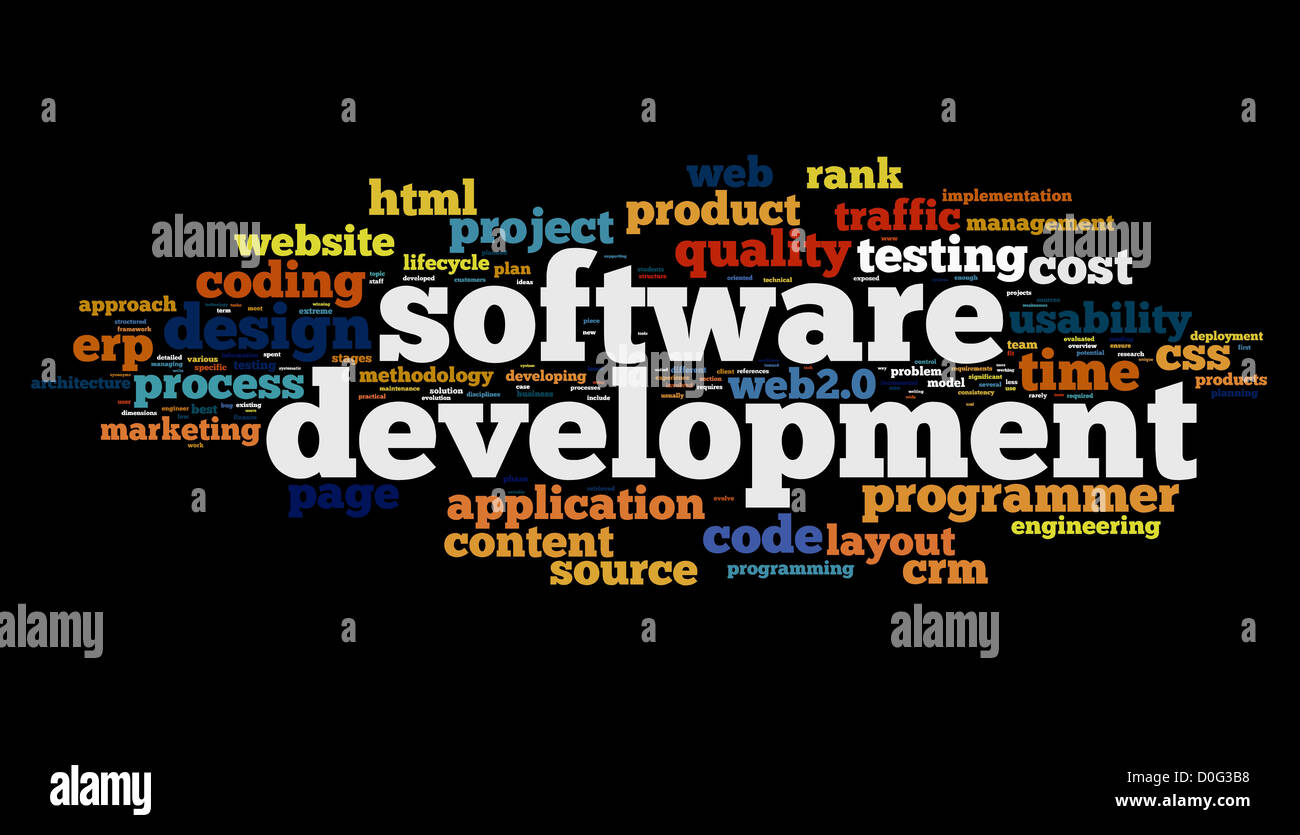 Software development concept in tag cloud on black background Stock ...