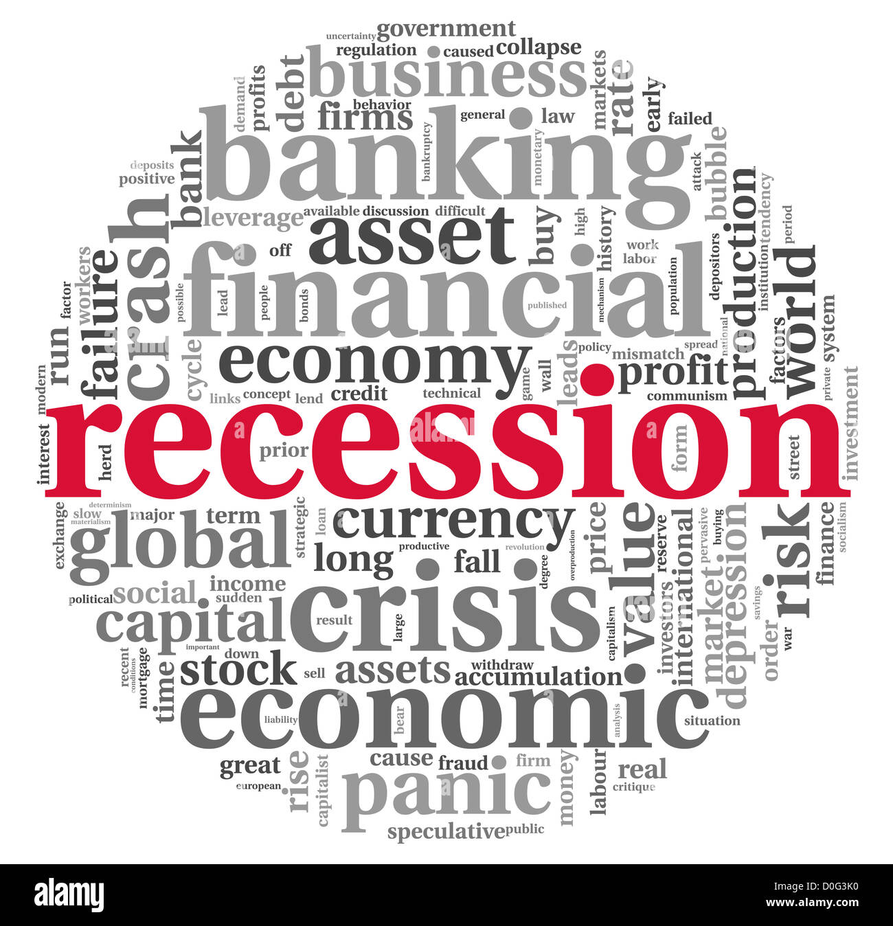Recession and crisis concept in word tag cloud on white background Stock Photo