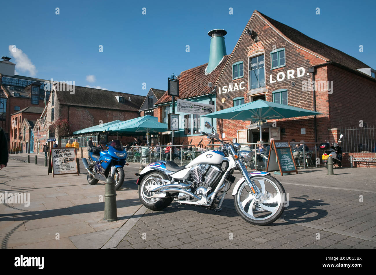 Motorcycles at the front of Isaac Lord, Ipswich, Suffolk, UK. Stock Photo