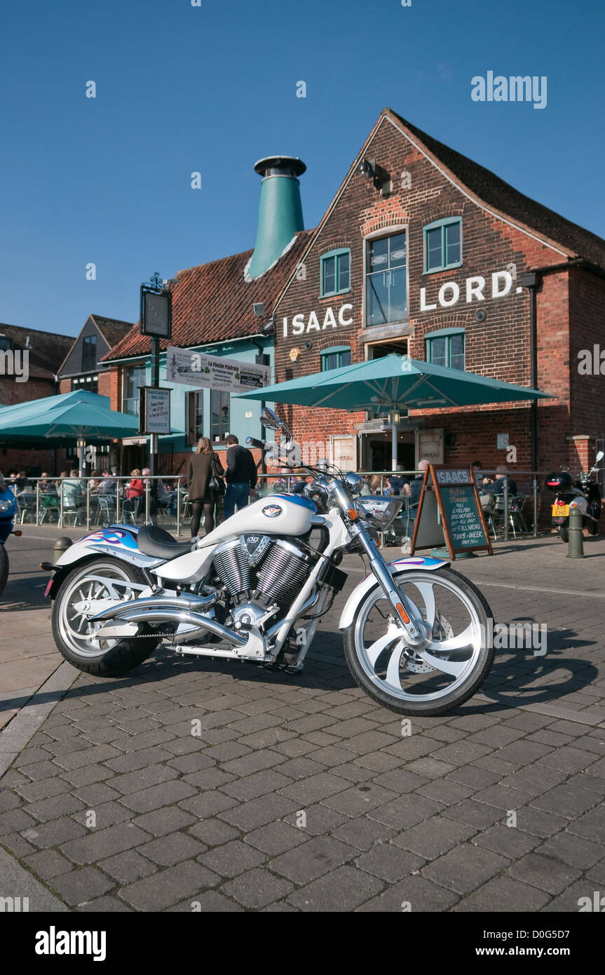 Victory cruise motorcycle at the front of Isaac Lord, Ipswich, Suffolk