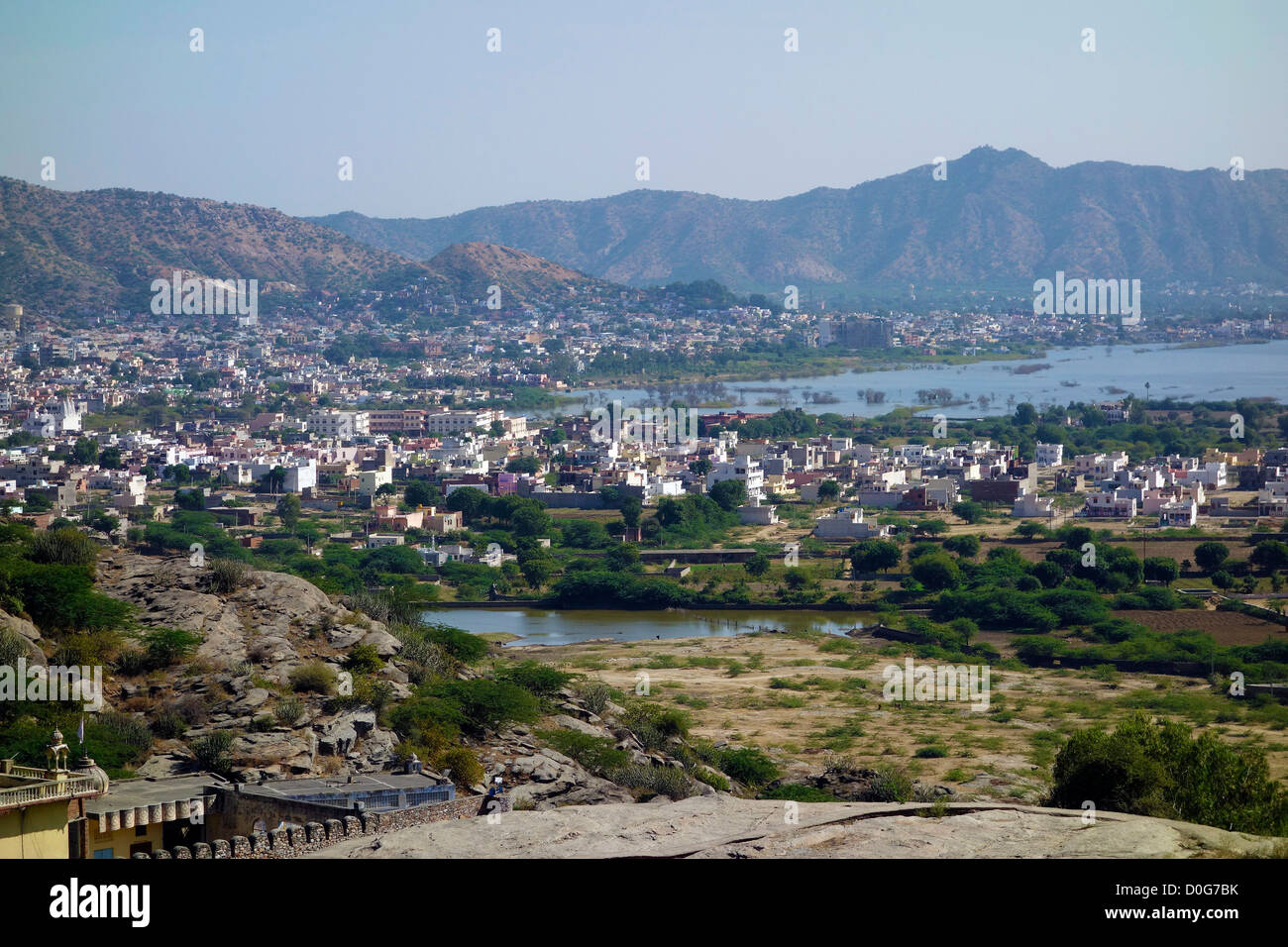 overview,landscape,houses,residential apartments,hill,hillock,lake,Ajmer,'Ajmer City',Rajasthan,India Stock Photo