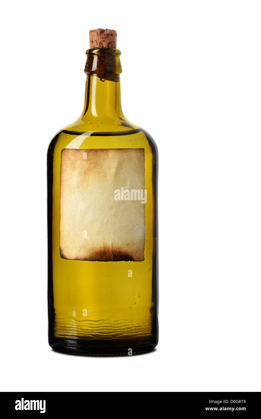Tagged bottle with transparent liquid isolated over white background Stock Photo