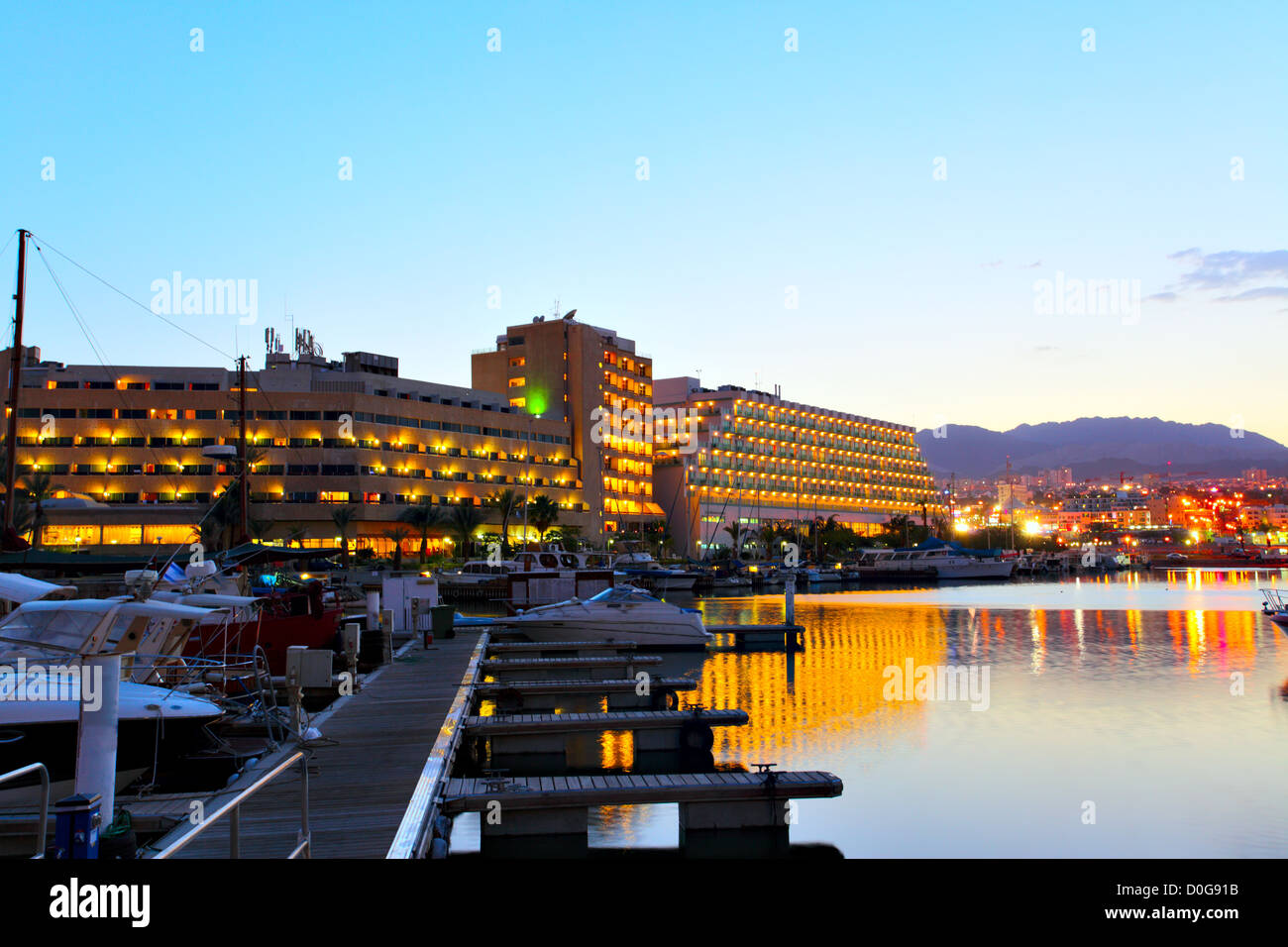 Hotels and yachts at sunset. Eilat. Israel. Stock Photo