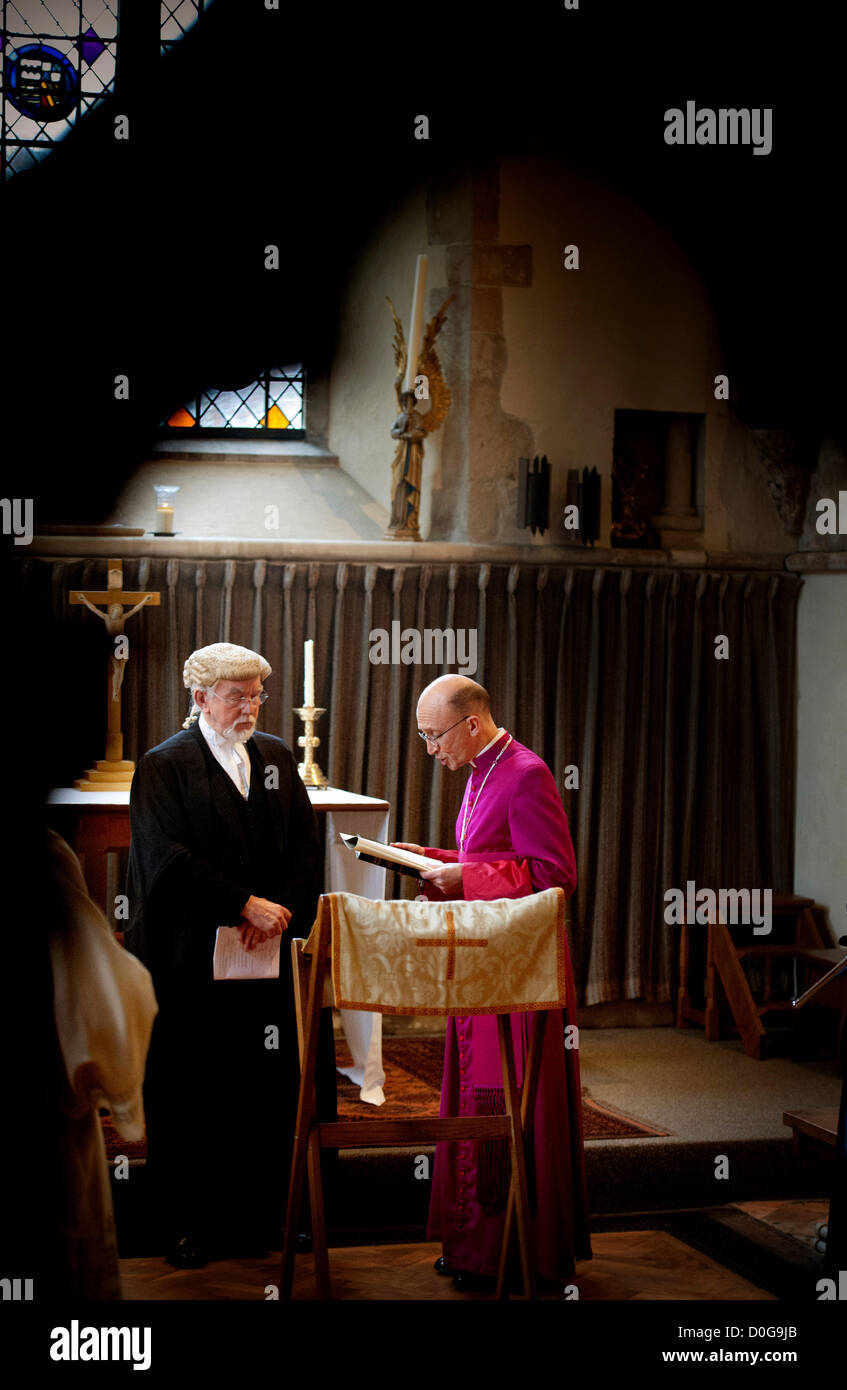 Chichester Cathedral West Sussex UK. The Enthronement of The Right Reverend Dr Martin Warner as the 103rd Bishop of Chichester. The Bishop making his oaths in a small chapel within the Palace ahead of the main service. Stock Photo