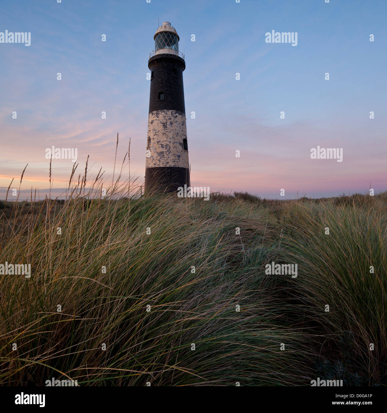 The Spurn Lighthouse and Marram Grass at sunset, Spurn Point, Humberside, East Yorkshire, UK Stock Photo