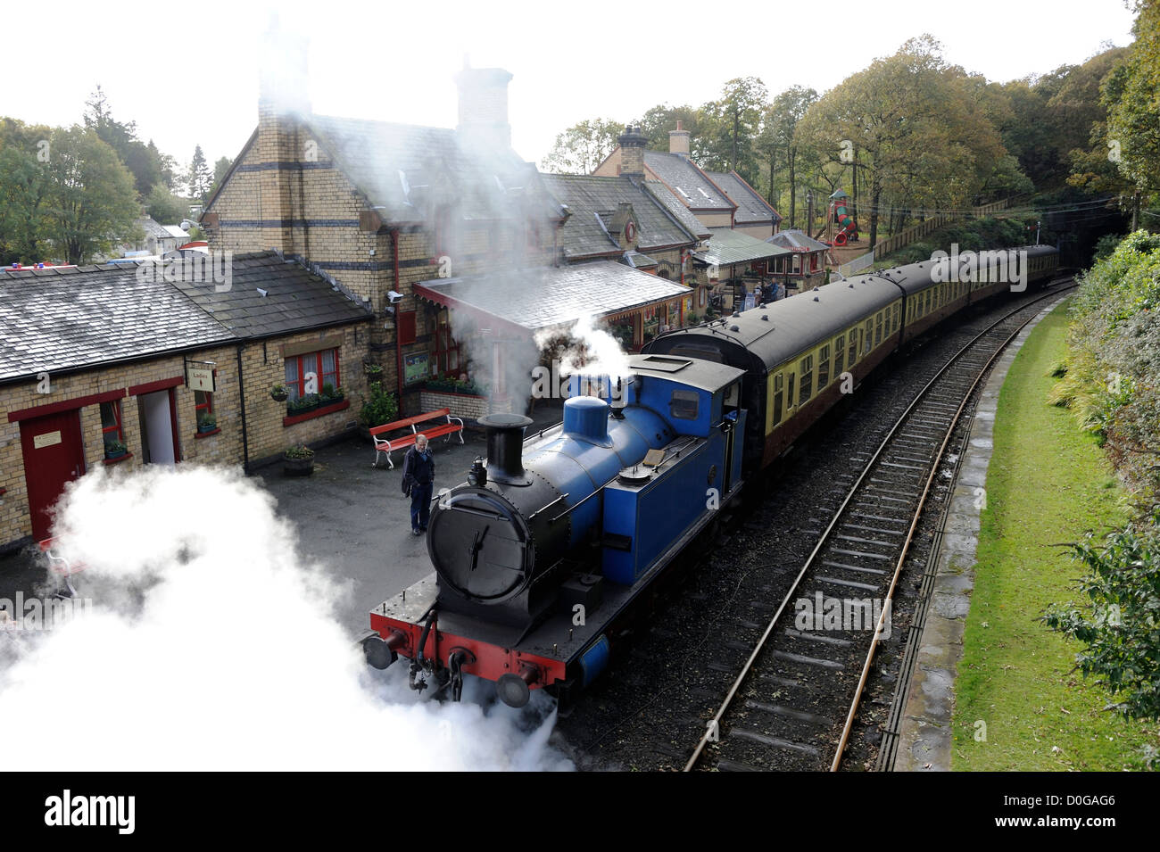 The Lakeside and Haverthwaite Railway on the southern bank of Lake Windermere. Stock Photo