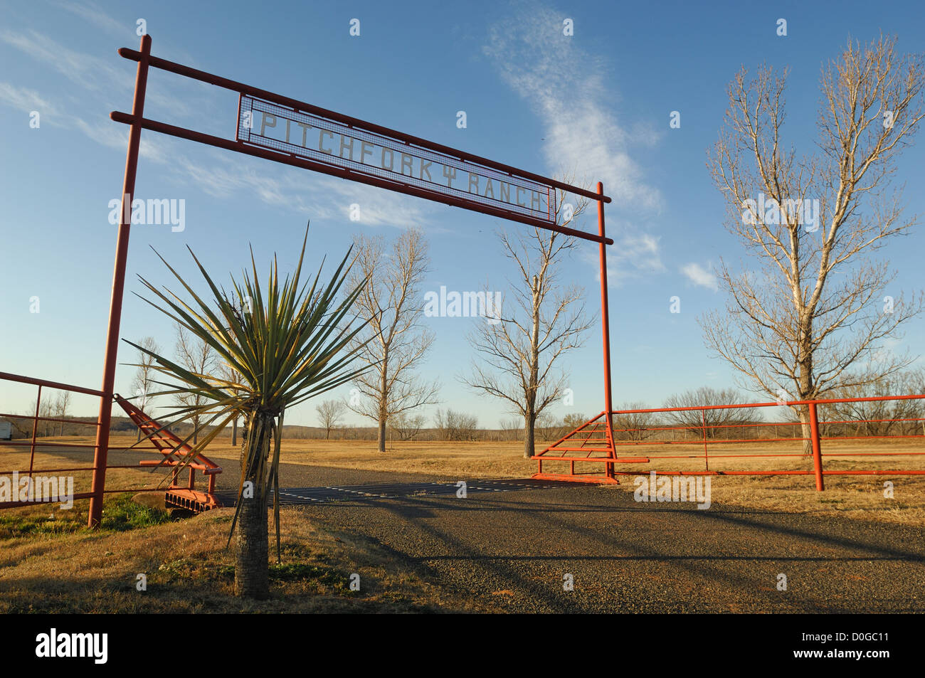 Main entrance gate to the Pitchfork Land and Cattle Company ranch near