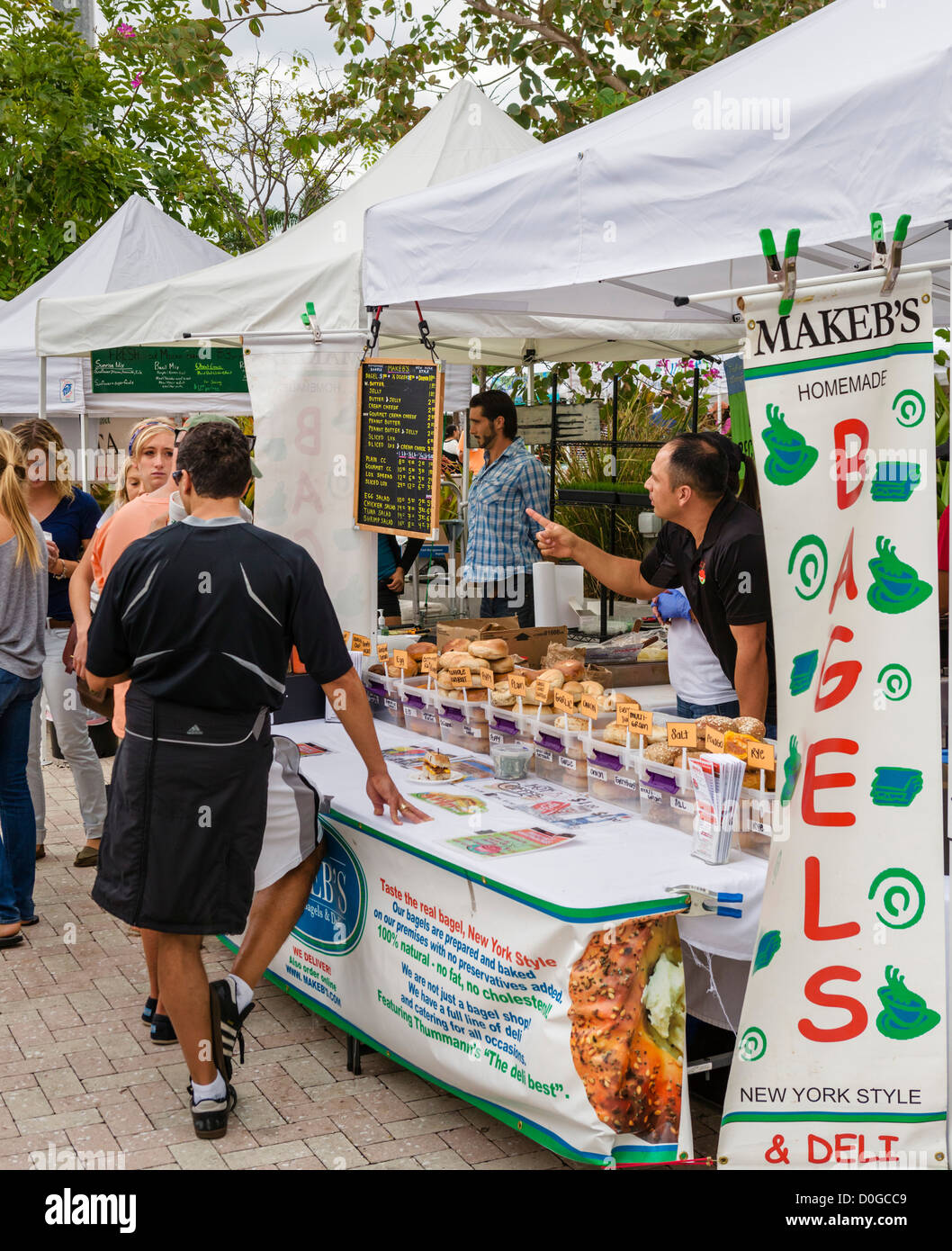 Bagel stall at the saturday morning Greenmarket at the end of Clematis Street, West Palm Beach, Treasure Coast, Florida, USA Stock Photo