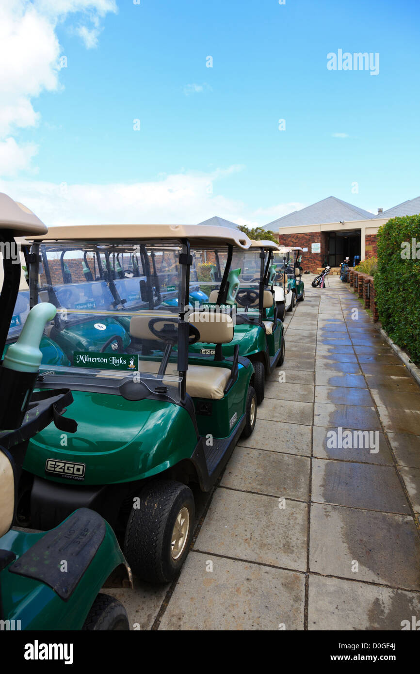 Cape Town, South Africa. Row of golf carts at Milnerton links in Cape Town Stock Photo