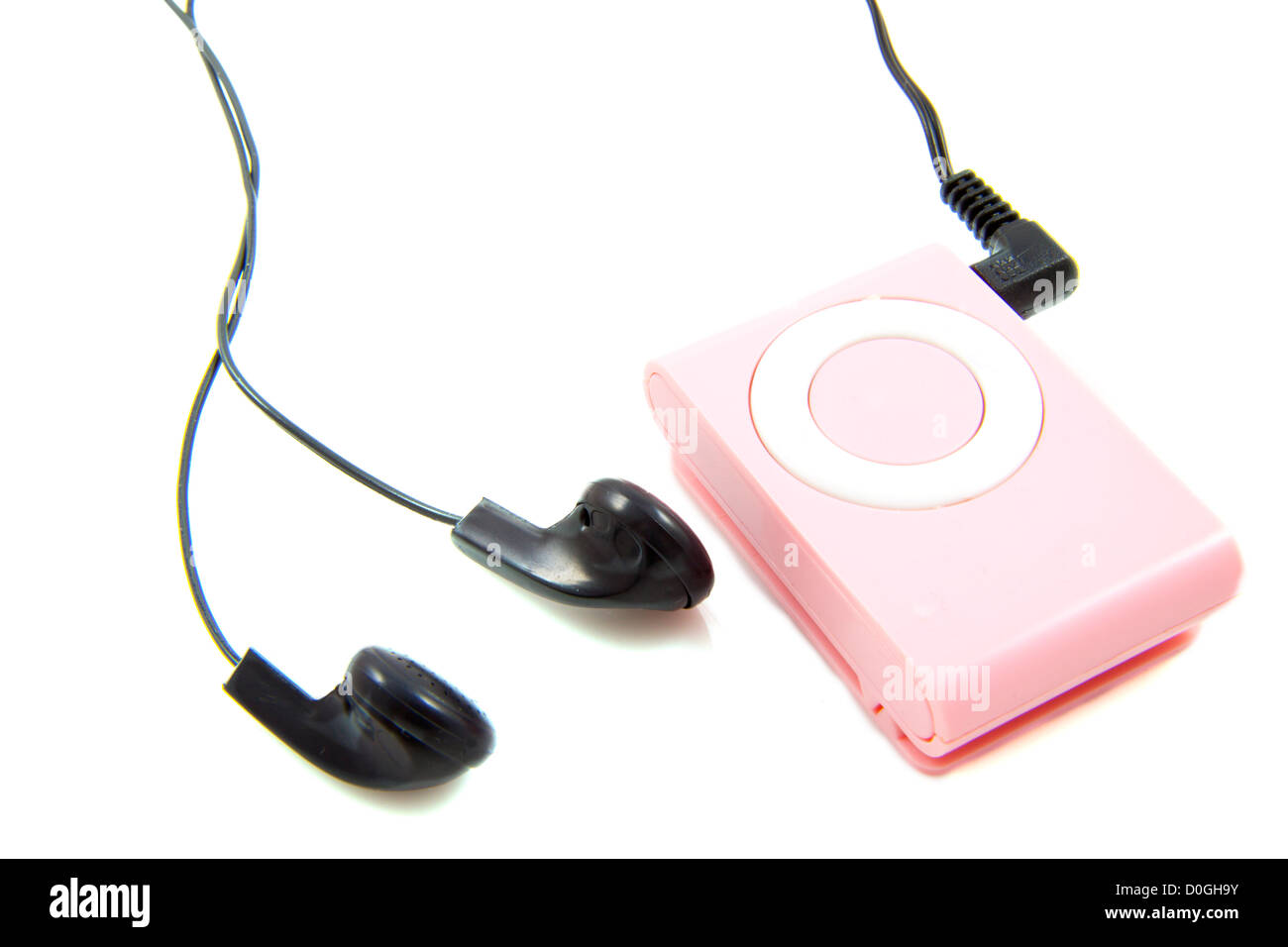Pink mp3 player with earphones isolated over white Stock Photo Alamy