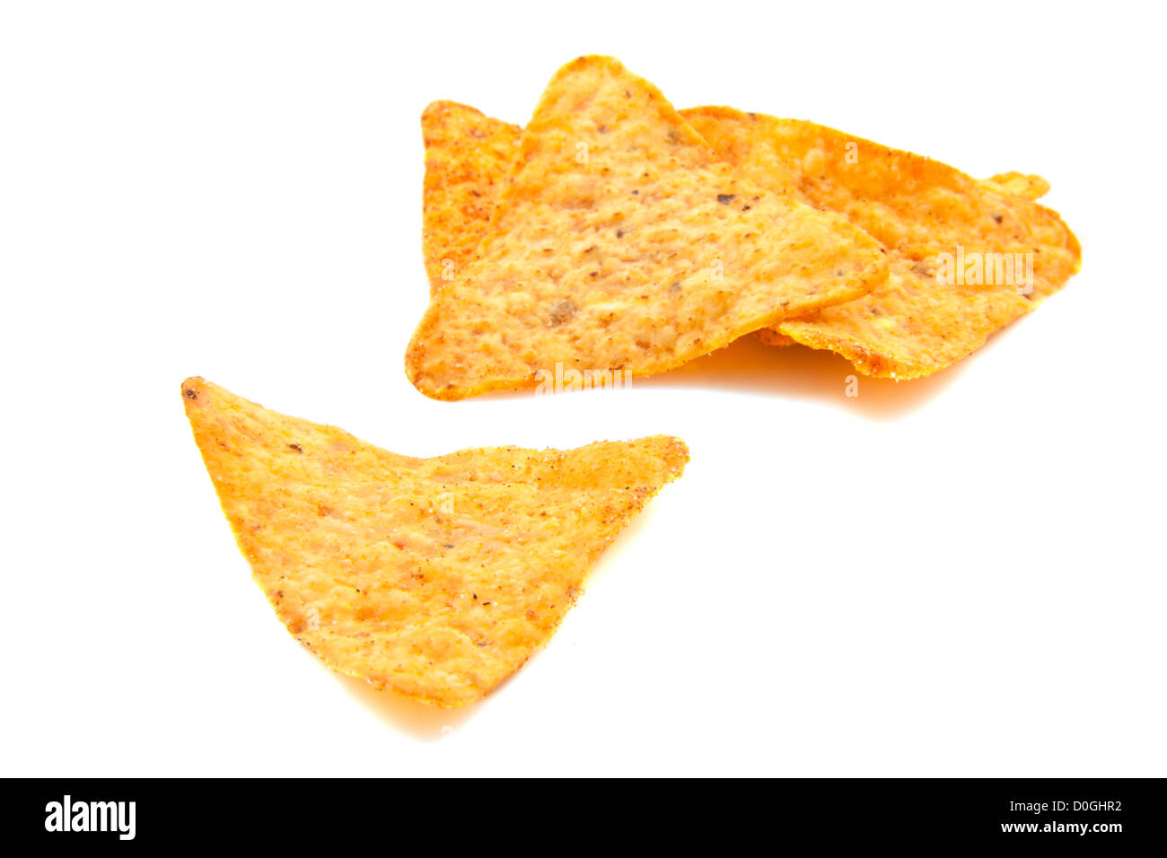 Nacho chips with chili isolated over white Stock Photo