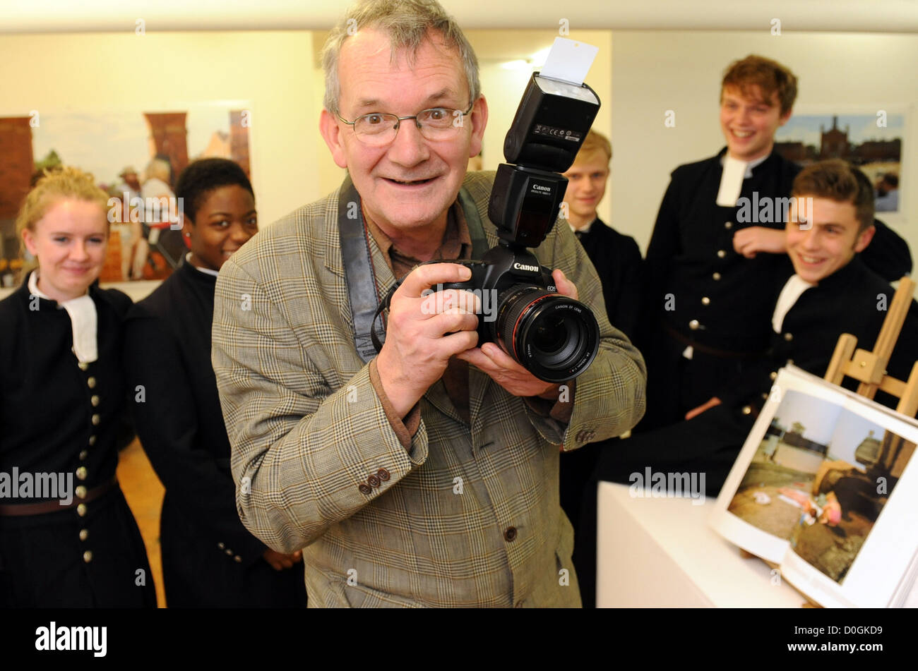Martin Parr photographer at Christ's Hospital at the launch of his photographic exhibition with students watching on Stock Photo
