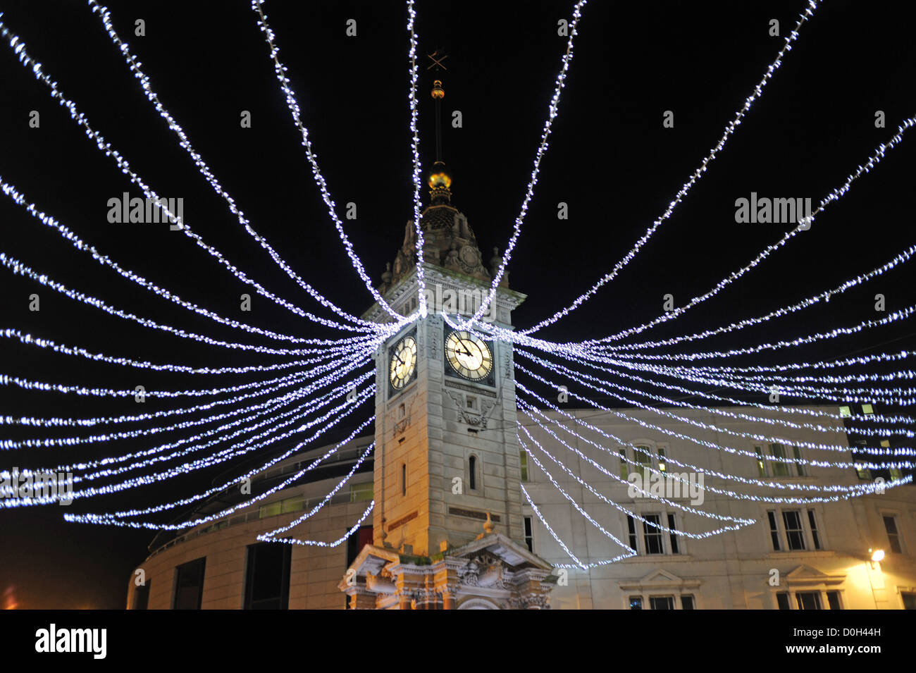 Christmas lights decorations around the clock tower in Brighton city